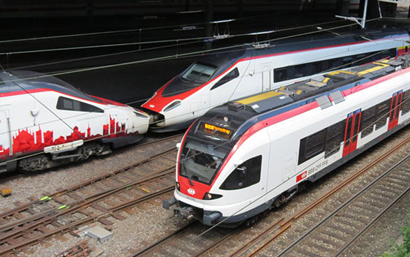 Eine S-Bahn der SBB und ein Zug der DB im Bahnhof Basel.